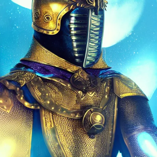 Prompt: a highly detailed knight with glowing purple eyes in a T golden helmet and a golden crown with a blue diamond in the center, golden armor, leather clothes under the armor, leather gloves, holds a black sword, artstation, DeviantArt, professional, octane render, sunset lighting