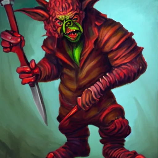 Image similar to painting of goblin with red eyes raging holding rusty sword