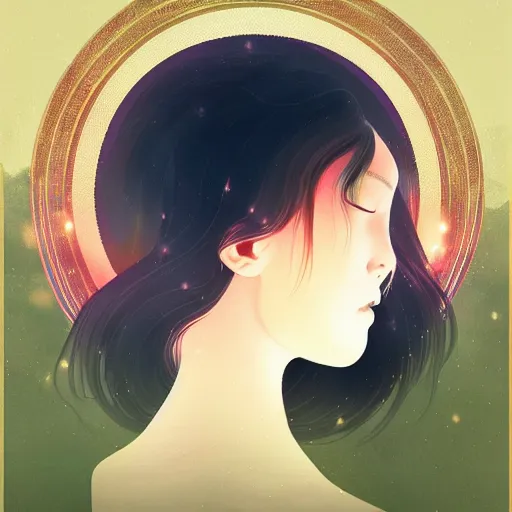 Image similar to a portrait of a very beautiful goddess with halo behind her head, looking in front, in the style of WLOP and Hsiao-Ron Cheng and Ross Tran