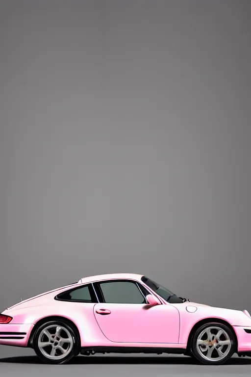 Image similar to Portrait of a light pink Porsche 911 Carrera 3.2 under a studio lamp in a dark room, photoshoot for vogue magazine.