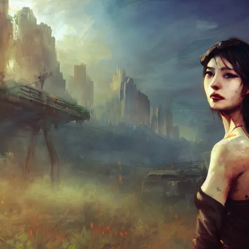 Prompt: fallout 5, charismatic beautiful rugged brunette female protagonist, portrait, outdoors tropical cityscape, atmospheric lighting, painted, intricate, volumetric lighting, beautiful, daytime, sunny weather, few clouds, sharp focus, deep colours, ultra detailed, art by william turner, krenz cushart and wenjun lin