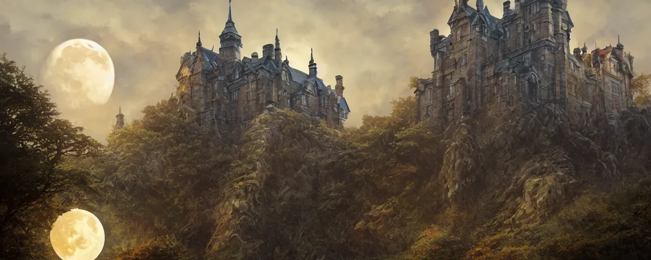 Prompt: a huge moon setting over a scottish castle, trees, fantasy, intricate, cinematic lighting, highly detailed, digital painting, artstation, concept art, smooth, sharp focus, illustration, art by artgerm and greg rutkowski and alphonse mucha