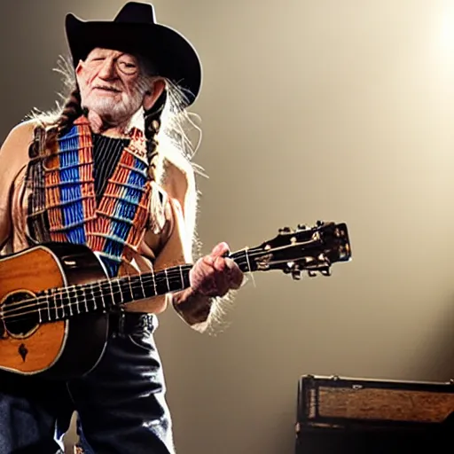 Image similar to willie nelson on stage, four fingers holding a guitar. god rays through fog.