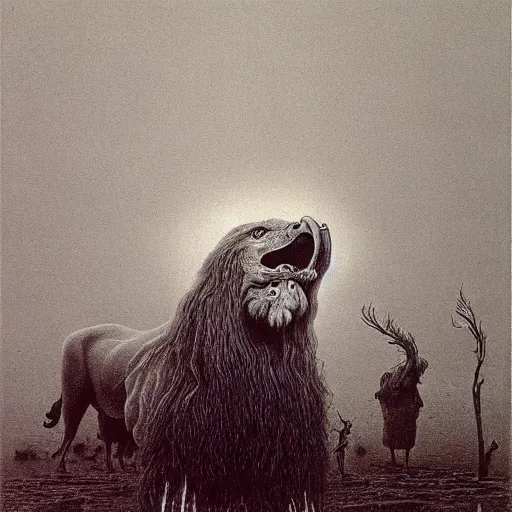 Image similar to a creature with the body and eyes of a man, with the beak of an eagle, the mane of a lion, and the horns of an ox. drawn by zdzislaw beksinski