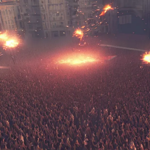 Image similar to the biggest mosh pit in the world, punks throwing Molotovs in the air, fighting, flame and fire, glowing upside cross, cinematic, epic, volumetric, godrays, dynamic lighting, dust flying up into the air, people shooting into the air with guns, octane render, photorealistic, unreal engine, artstation, artstation trending, artstation hq, artstation hd, Pinterest, 8k, ultra detailed, ultra realistic,