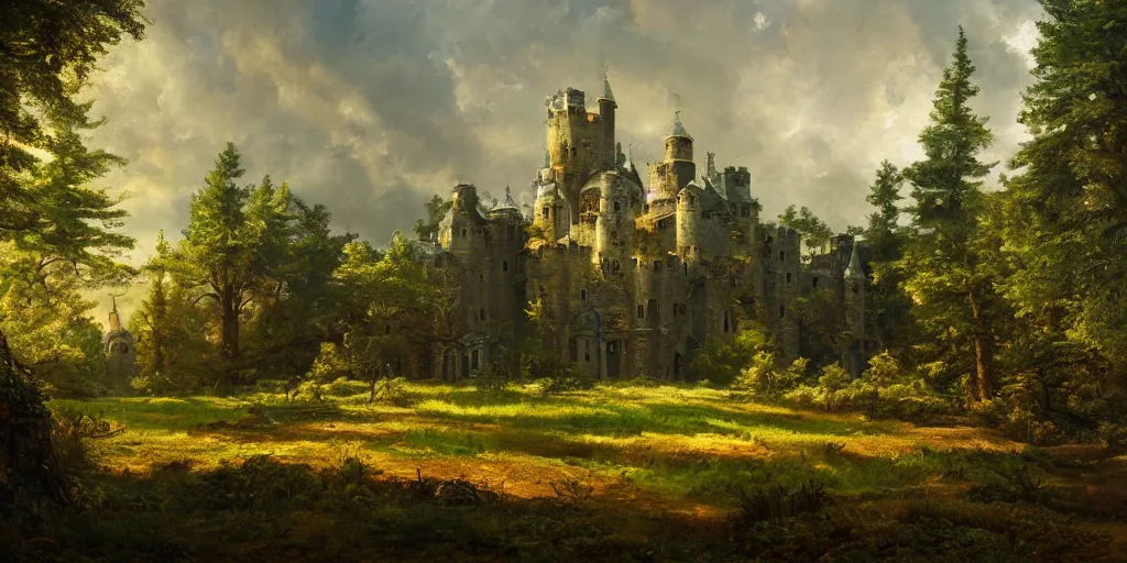 Image similar to landscape of a large castle in a pine forest, well lit, detailed, cinematic lighting, oil painting