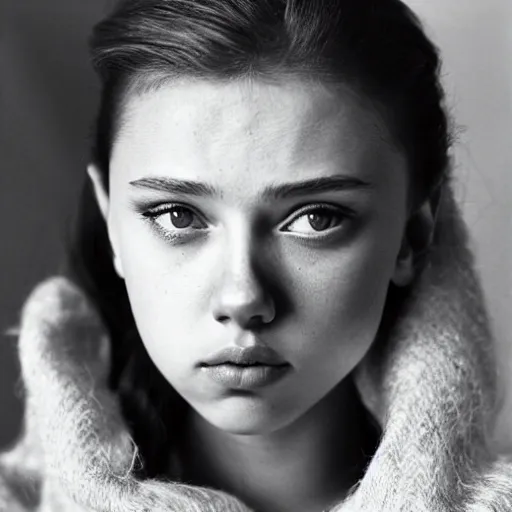 Image similar to dramtically lit, high quality studio photo of a girl who looks like 16-year old Audrey Hepburn and Scarlett Johansson, with parted lips and stunning, anxious eyes, wearing a shawl, by Steve McCurry