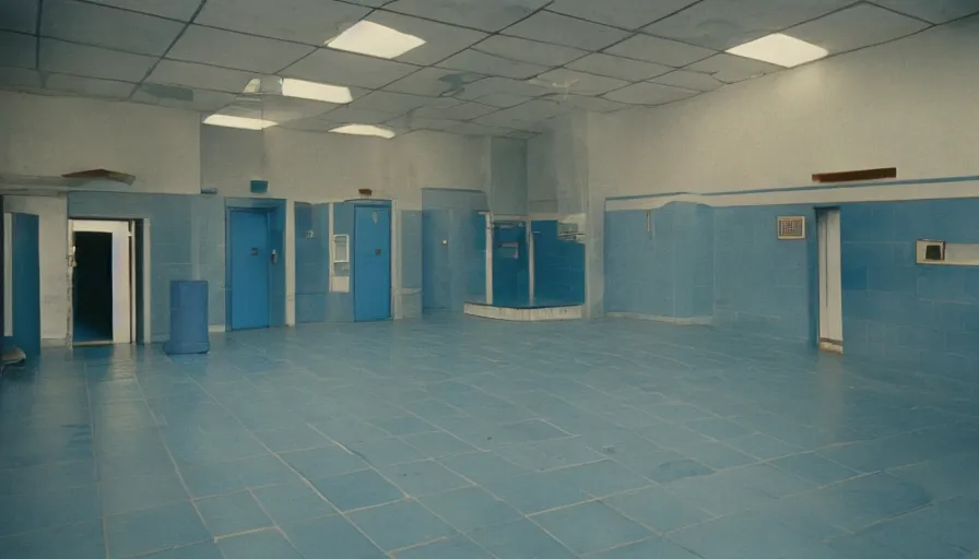 Image similar to 60s movie still of a sovietic stalinist style empty blue tiles room with visible toilets, cinestill 800t 50mm eastmancolor, liminal Space style, heavy grain-s 150