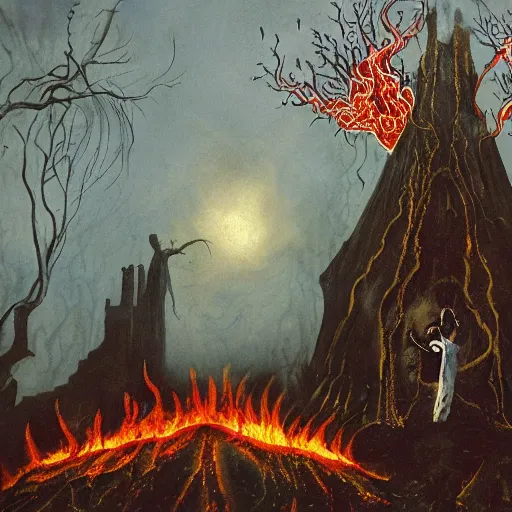 Image similar to beelzebub next to an oak tree aflame, still, fog in background, dantes inferno, evil album cover