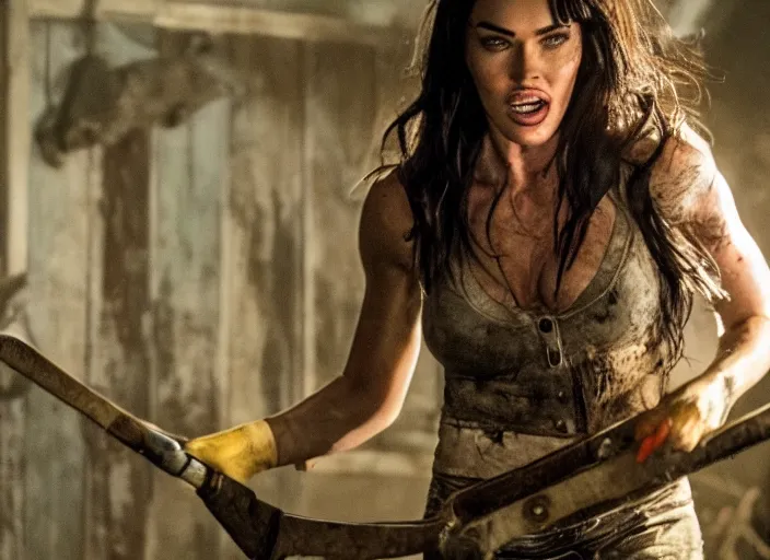 Prompt: megan fox as leatherface, movie still, from the new texas chainsaw massacre movie, 8 k, realistic