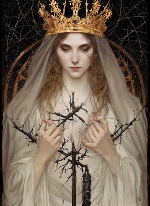 Prompt: beautiful pale gothic maiden with crown of thorns, intricate, elegant, highly detailed, digital painting, artstation, concept art, smooth, sharp focus, illustration, art by artgerm and greg rutkowski and alphonse mucha and Gustav Klimt