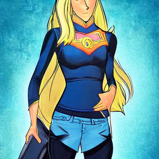 Image similar to blonde girl wearing an decent outfit hero, digital artwork in western hero comic