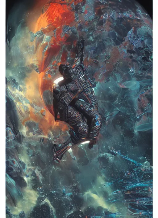 Image similar to astronaut in dark void underwater - complex and hyperdetailed technical suit design. reflection and dispersion materials. rays and dispersion of light. volumetric light. f / 3 2. noise film photo. flash photography. ultra realistic, 5 0 mm. poster by wayne barlowe, hajime sorayama aaron horkey, craig mullins