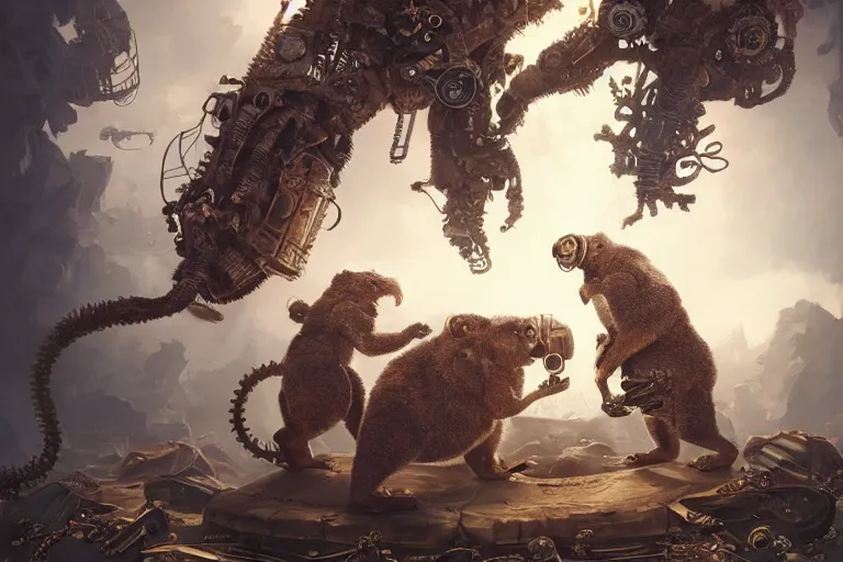 Image similar to steampunk family fighting a horde of crazy killer cyborg lovecraftian koalas, 3d scene, render, ultra realistic, zenith view, Greg Rutkowski, artstation, cgsociety, unreal engine, ray tracing, detailed illustration, hd, 4k, digital art, overdetailed art, concept art, complementing colors, Trending on artstation, deviantart