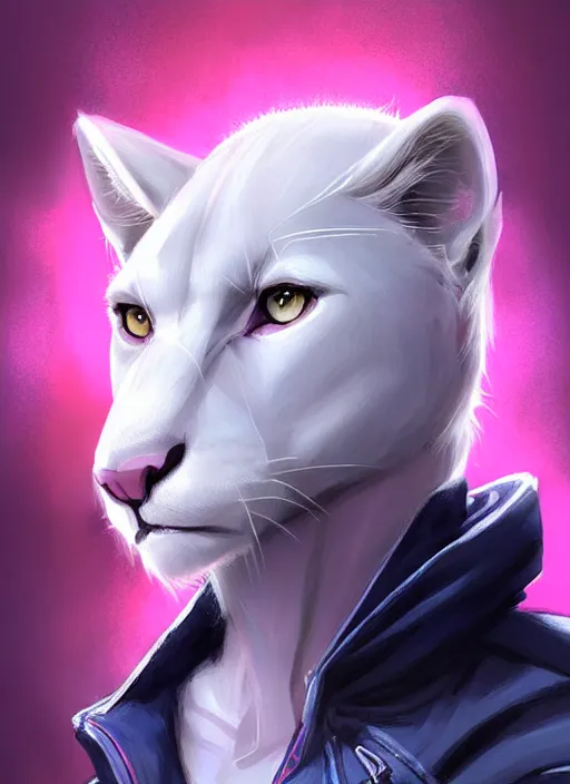 Image similar to award winning beautiful portrait commission of a male furry anthro albino mountain lion fursona with a tail and a cute beautiful attractive detailed furry face wearing stylish black, blue, and pink cyberpunk clothes in a cyberpunk city at night while it rains. Character design by charlie bowater, ross tran, artgerm, and makoto shinkai, detailed, inked, western comic book art