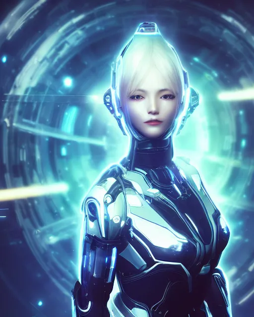 Image similar to photo of a android girl on a mothership, warframe armor, beautiful face, scifi, nebula, futuristic background, galaxy raytracing, dreamy, focused, sparks of light, attractive, long white hair, blue cyborg eyes, glowing, 8 k high definition, insanely detailed, intricate, innocent, art by akihiko yoshida, antilous chao, woo kim