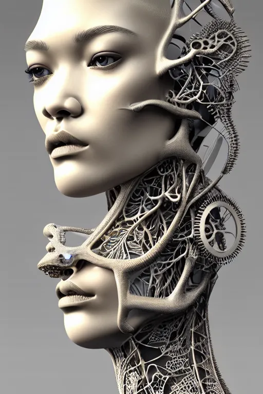 Prompt: complex 3d render ultra detailed of a beautiful porcelain profile zendaya face, biomechanical cyborg, analog, 150 mm lens, beautiful natural soft rim light, big leaves and stems, roots, fine foliage lace, silver and Dichroism details, massai warrior, Alexander Mcqueen high fashion haute couture, pearl earring, art nouveau fashion embroidered, steampunk, intricate details, mesh wire, mandelbrot fractal, anatomical, facial muscles, cable wires, microchip, elegant, hyper realistic, ultra detailed, octane render, H.R. Giger style, volumetric lighting, 8k post-production