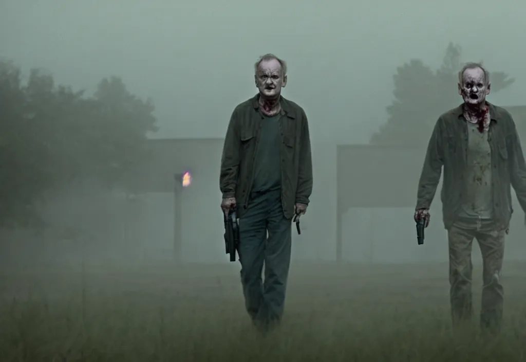 Image similar to cinematic movie still from the walking dead of bill murray as a zombie walking slowly toward the camera, misty dusk lighting, muted colours, cinematic lighting, ruined buildings,