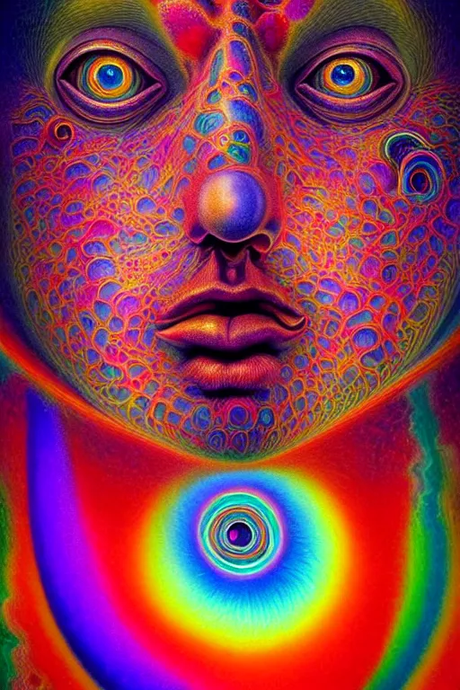Image similar to hyperrealistic abstract close-up Renaissance psychedelic!! celestial happy! pure creature!! peaceful! kind spirit of nature! beautiful fractal!! eyes! highly detailed concept art eric zener elson peter cinematic hard rainbow lighting high angle hd 8k sharp shallow depth of field, inspired by Zdzisław Beksiński Salvador Dali