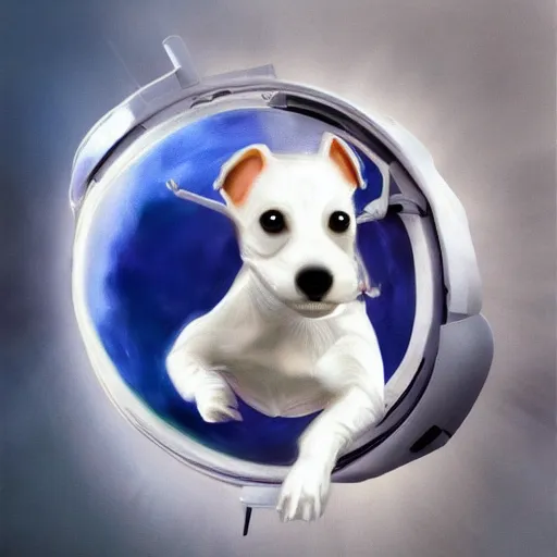 Prompt: absolutely white jack russell terrier broken, flying in space in a helmet, photorealism, digital painting, super quality, 4 k