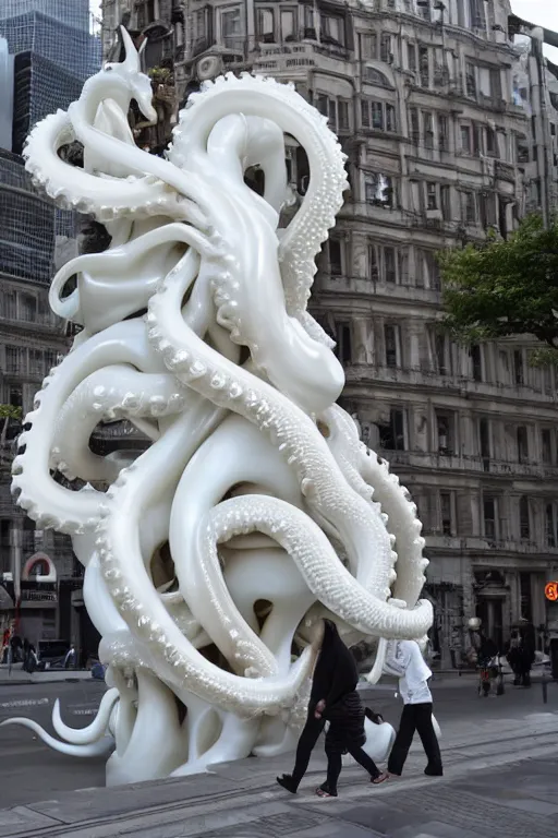 Prompt: 3 d full head and shoulders beautiful white porcelain head, flowing massive hair, thick octopus tentacles and chinese gold dragons, giant sculpture on a platform in a wide city street, by theodor seuss geisel and daniel arsham and xiang duan