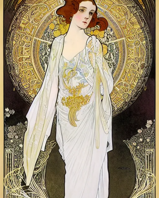 Image similar to portrait of an ethereal woman with pale hair and gold eyes wearing a flowing white and gold gown surrounded by wing motifs, alphonse mucha, kay nielsen, art nouveau, intricate, digital painting, concept art