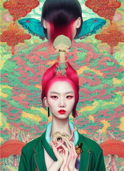 Image similar to pretty chinese model with hallucination mushroom : : by martine johanna and simon stalenhag and chie yoshii and casey weldon and wlop : : ornate, dynamic, particulate, rich colors, intricate, elegant, highly detailed, vogue, harper's bazaar art, fashion magazine, smooth, sharp focus,