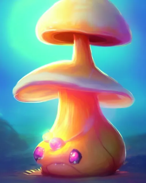 Image similar to concept art for a cute thicc mushroom creature, anime style, golden hour, lens flare, pastel pink glow, sitting on the beach | | epic - fine - clean, polished, trending on artstation, brush strokes