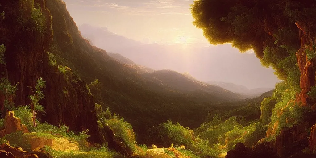 Prompt: very detailed and perfectly readable fine and soft relevant out of lines soft edges painting by thomas cole in hd, red mountains, nice lighting, perfect readability