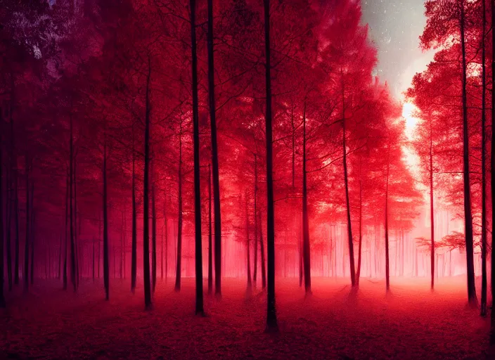 Image similar to red forest liminal space, night, artgerm, rutkowski, tooth wu, beeple, and intricate