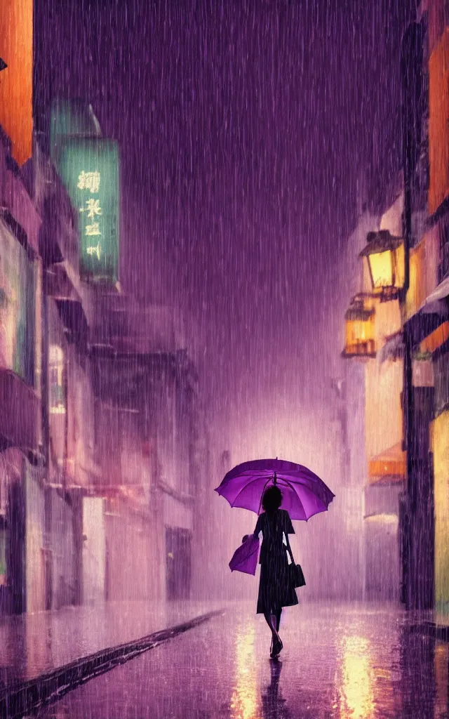 Image similar to a woman holding a purple umbrella walking on the wet street on a rainy night in a hong kong alley way by makoto shinkai and by wes anderson. dramatic lighting. cel shading.