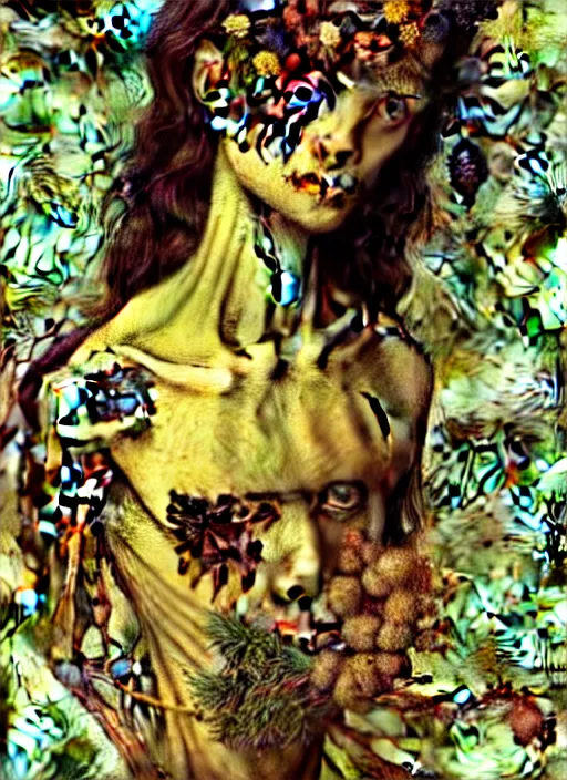 Image similar to beautiful and detailed rotten woman made of plants and many different types of flowers, muscles, intricate, organs, ornate, surreal, miguel angel, gustave courbet, caravaggio, romero ressendi, van gogh