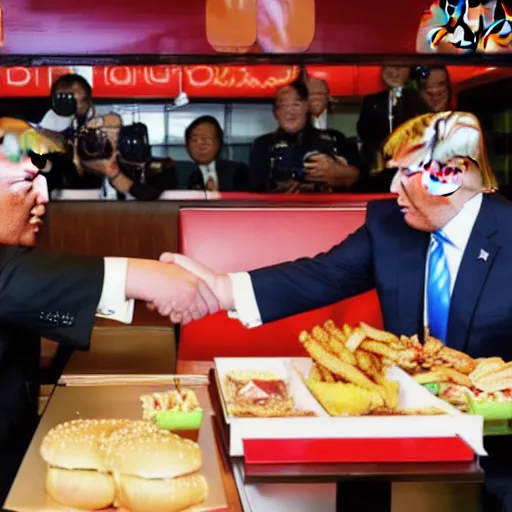 Image similar to donald trump and kim jong un shaking hands while eating burgers at mcdonalds