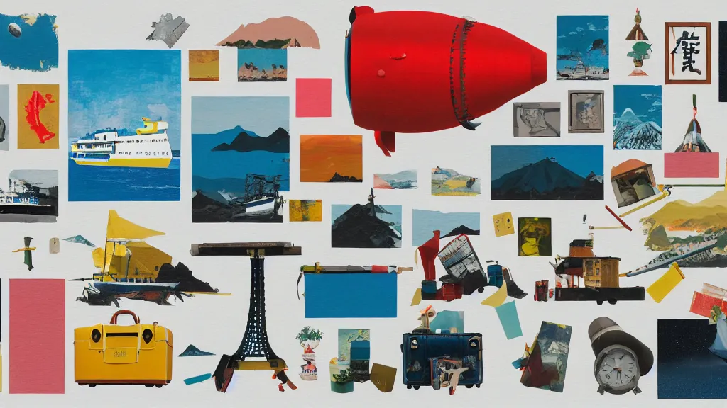 Image similar to an arrangement of explorer traveller props, kyushu japan, a collage painting, in the style of wes anderson, lola dupre, david hockney, isolated on negative white space background dark monochrome neon spraypaint accents volumetric octane render