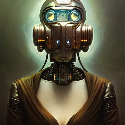 Image similar to front shot of a cyberpunk gazmask robot character, intricate, elegant, highly detailed, centered, digital painting, artstation, concept art, smooth, sharp focus, illustration, artgerm, Tomasz Alen Kopera, Peter Mohrbacher, donato giancola, Joseph Christian Leyendecker, WLOP, Boris Vallejo