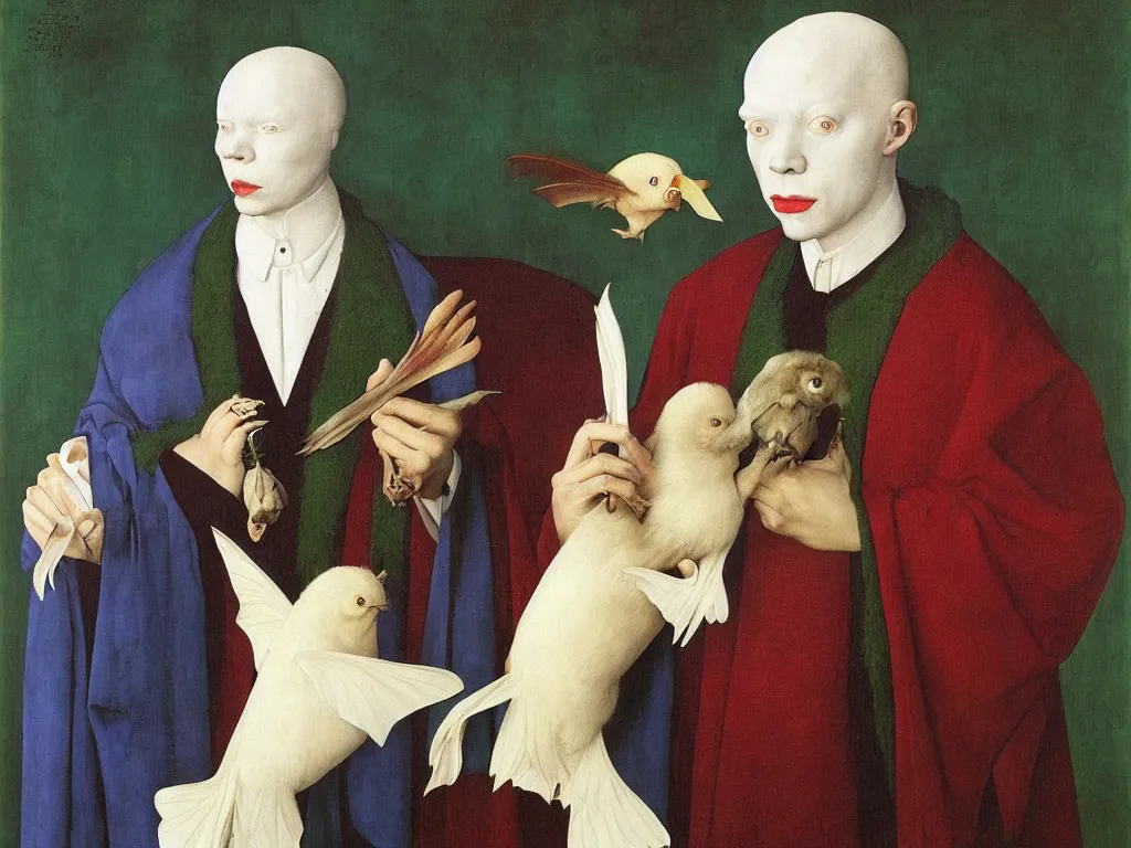 Prompt: portrait of albino mystic with blue eyes, with beautiful exotic bat. Painting by Jan van Eyck, Audubon, Rene Magritte, Agnes Pelton, Max Ernst, Walton Ford