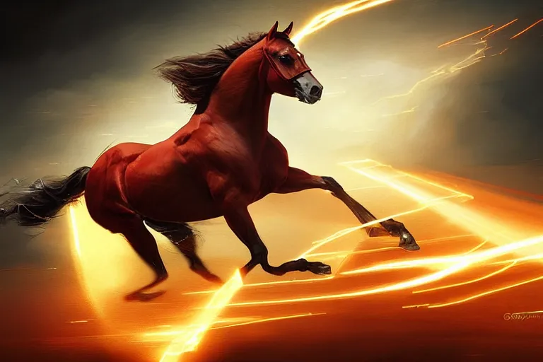 Image similar to a stunning digital painting of a horse as the flash running in the speedforce by greg rutkowski, volumetric light, digital art, fine detail, photorealistic