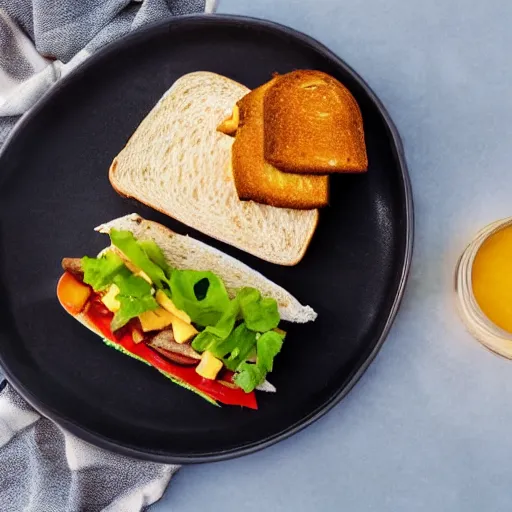 Prompt: sandwich with roasted tofu, also tomato, onion, avocado and cheddar, over a dish and over a table, sunset background with saturn in the sky, studio photo, amazing light