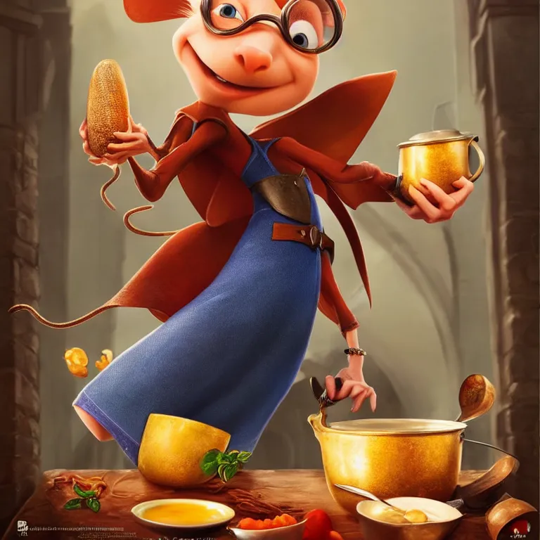 Image similar to beautiful cinematic fantasy poster of Remy from ratatouille throwing ingredients over a copper pot of soup art direction by Darius Zawadzki ;by artgerm; wayne reynolds art station; cinematic quality character render; low angle; ultra high quality model; production quality cinema model;