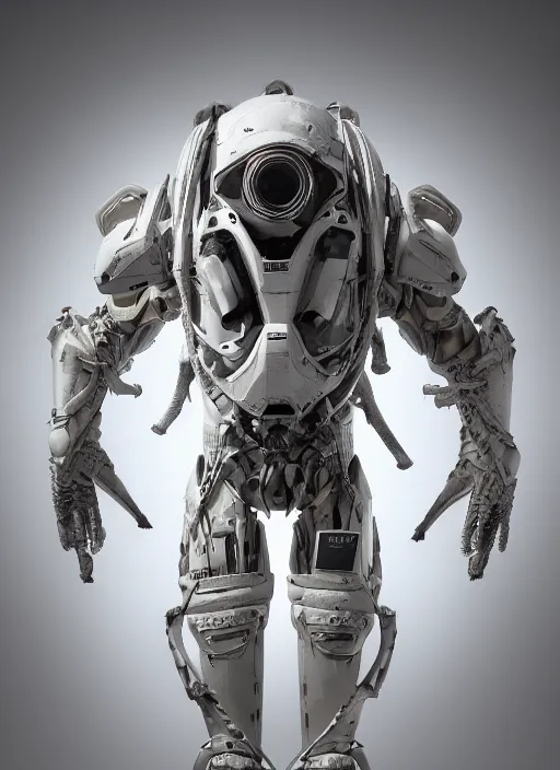 Image similar to a photorealistic dramatic hyperrealistic render of a predator the alien hunter exosuit in white bone armor, ultra realistic details, well worn by paul dave malla, cedric seaut from artstation, beautiful dramatic dark moody tones and lighting, cinematic atmosphere, studio lighting, global illumination, shadows, dark background, concept design art octane render, 8 k