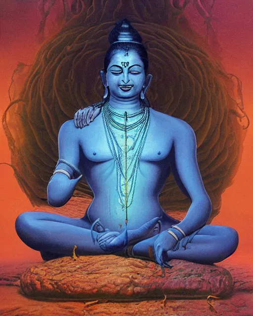 Image similar to One many-armed Shiva sits in the lotus position. Nuclear explosion on the background. Dark colors, extremely high detail, hyperrealism, horror art, masterpiece, close-up, biopunk, body-horror, ceremonial portrait, solo, rich deep colors, realistic, art by Yoshitaka Amano, Beksinski