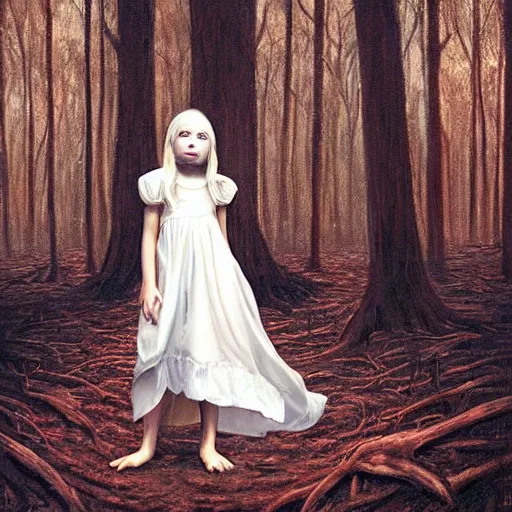 Prompt: a painting of a beautiful little girl in a white dress, white hair, bare foot, pretty symmetrical face, in the middle of a strange forest by Seb McKinnon and WLOP