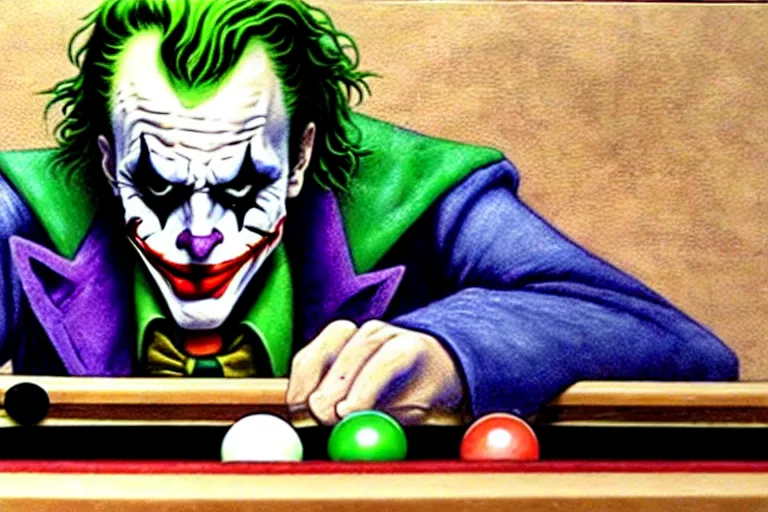 Prompt: a portrait of the joker playing pool by alan lee