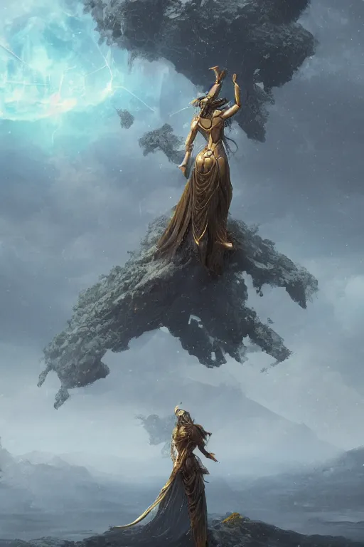 Prompt: godess of artificial intelligence floating above a continent, sharp focus, by rozalski, cinematic, cinematic shot, megalophobia, award winning, trending on artstation