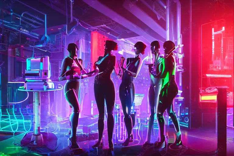 Prompt: cyberpunk nightclub, girls and female robots drinking radioactive glowing drinks from scientific glassware, electrical wires and electrical sparks, computer chips, dramatic lighting, neon