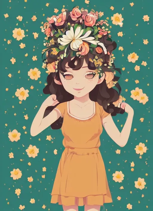 Prompt: little girl with wavy curly light brown hair. wearing a flower crown and chasing fireflies in the woods. clean cel shaded vector art. shutterstock. behance hd by lois van baarle, artgerm, helen huang, by makoto shinkai and ilya kuvshinov, rossdraws, illustration, art by ilya kuvshinov