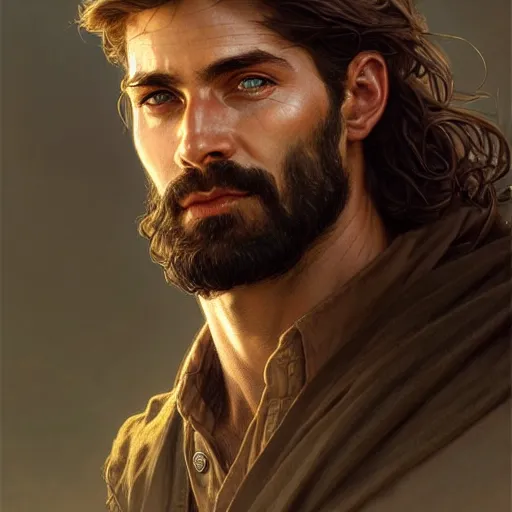 Image similar to Portrait of rugged male ranger, D&D, amber eyes, face, long hair, muscular, fantasy, intricate, elegant, highly detailed, digital painting, artstation, concept art, smooth, sharp focus, illustration, art by artgerm and greg rutkowski and alphonse mucha