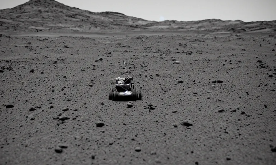 Prompt: 35mm film still, robot lawnmower on mars