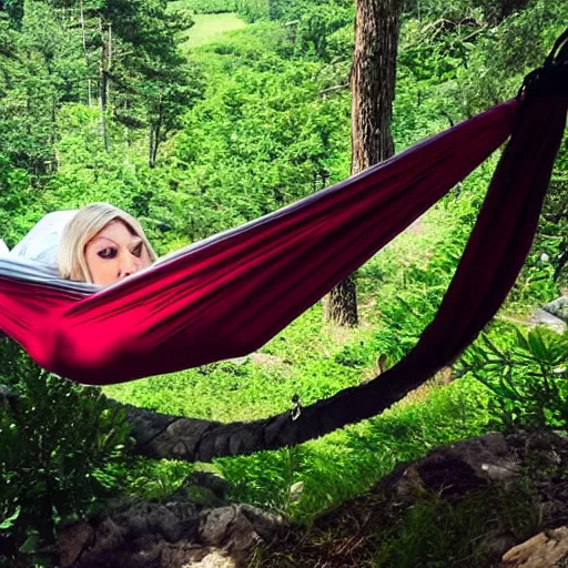 Prompt: relaxing in a hammock on top of a mountain, amazing views, award winning photography, highly detailed