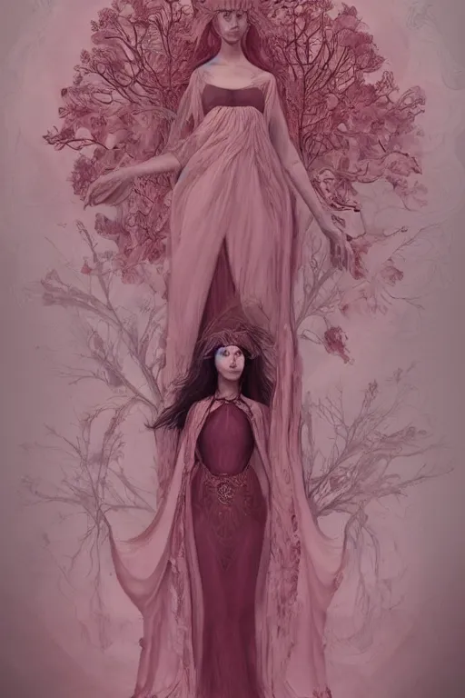 Image similar to ibiscus witch portrait, Hilda, light pink gown, southern gothic style, ornate baroque details, inspired by zdzislaw beksinski, tarot, occult, hibiscus :: unreal engine, 4k photograph, illustrated by lois van bartle, Trending on artstation, artstationHD, artstationHQ, 4k, 8k